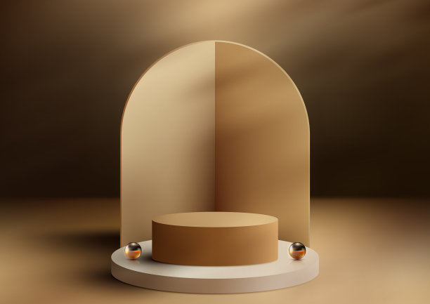 3D逼真的米色讲台基座与几何背景和树叶阴影最小的墙壁场景在棕色背景图片下载