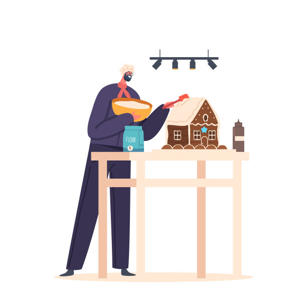 糕点师男性角色使用不同的食材和技术，创造美味的姜饼屋甜点图片下载