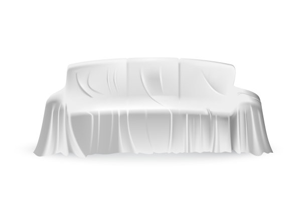 沙发上的白布窗帘。丝绸织物挂在礼物惊喜揭示矢量插图。隐藏在白色背景的面纱装饰下的教练。神秘发布会图片下载