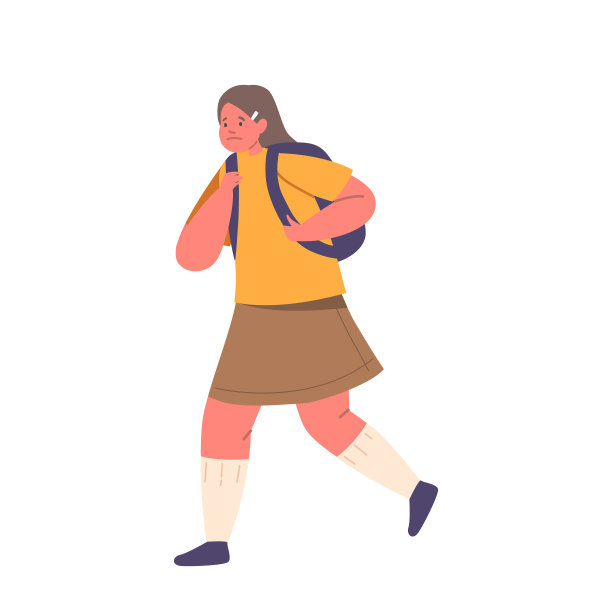 孤独的女学生角色背着沉重的书包上学。她的脸显示悲伤和失望矢量插图图片下载