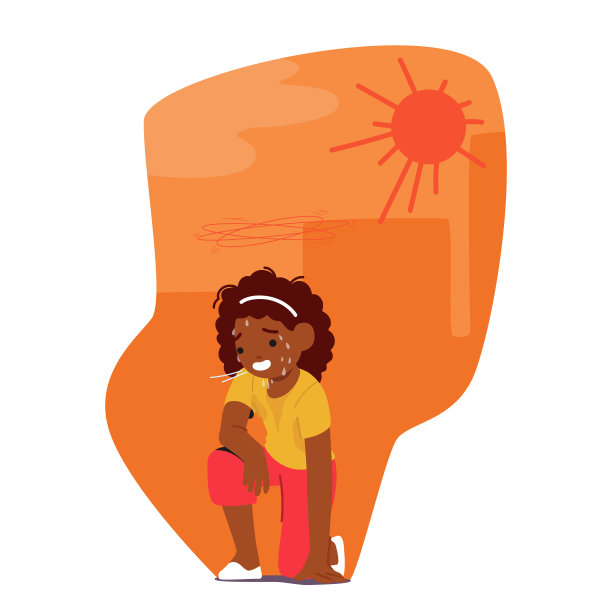 筋疲力尽的小女孩坐在地上喘着粗气，正在经历中暑图片下载