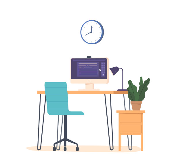 桌子，电脑和椅子。现代工作站的生产力，具有符合人体工程学的椅子，圆滑的台式电脑图片下载