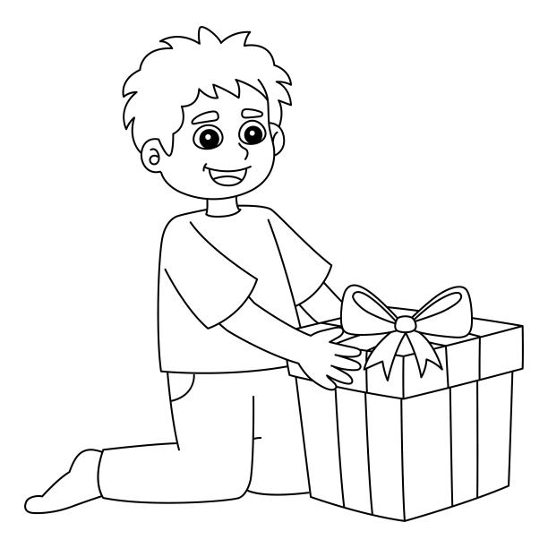 光明节男孩与礼物孤立着色页图片下载