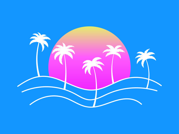 在蓝色背景上用棕榈树和初升的太阳勾勒出景观轮廓。极简风格的夏日热带景观。设计印刷t恤和横幅。矢量图图片下载