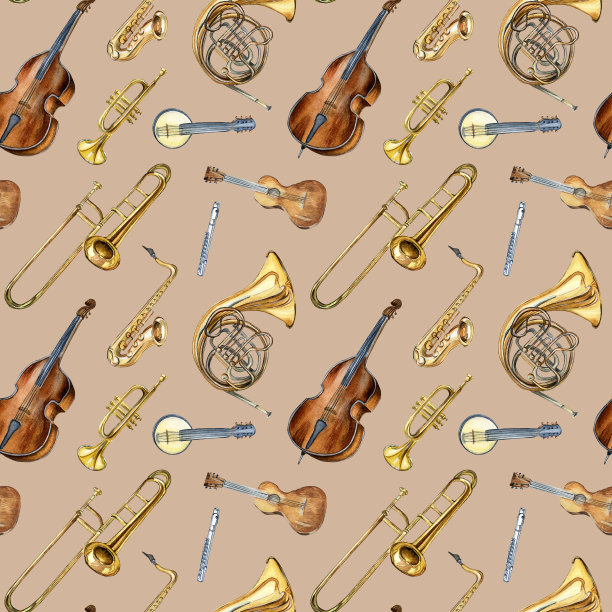 乐器无缝图案水彩孤立在米色。图片下载