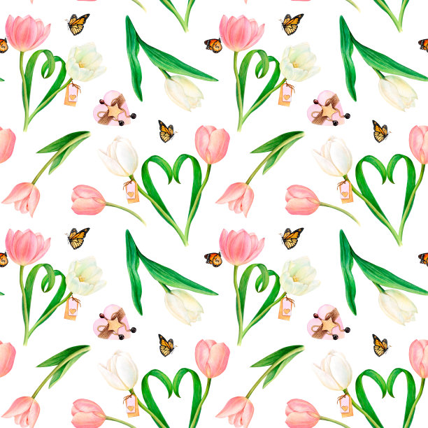 水彩画方形图案与美丽的粉红色和白色的郁金香心，分离的花朵，蝴蝶，名片，木制的心图片下载