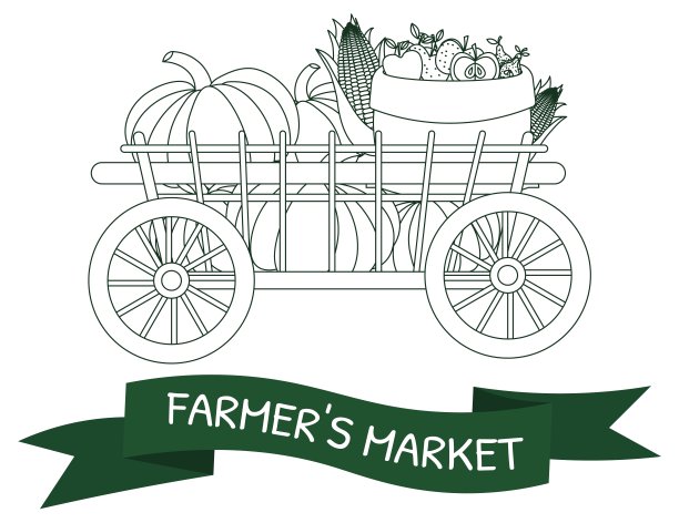 农贸市场海报。手推车上有南瓜、玉米和收获的水果，还有一条写着题词的绶带。农贸市场海报集。图片下载
