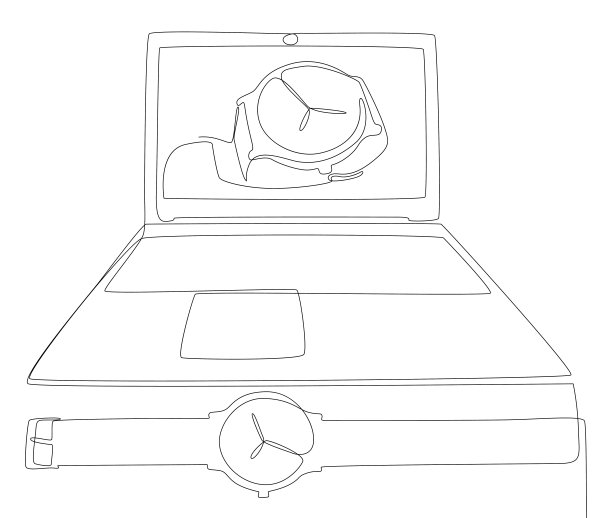 一个连续系列的笔记本电脑与手表。细线插图矢量概念。轮廓画创意。图片下载