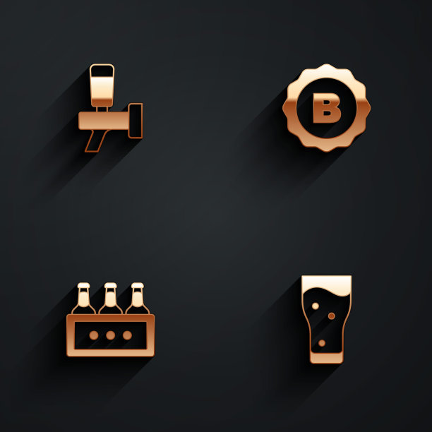 集啤酒龙头，瓶盖，包装的啤酒瓶和玻璃图标与长阴影。向量图片下载