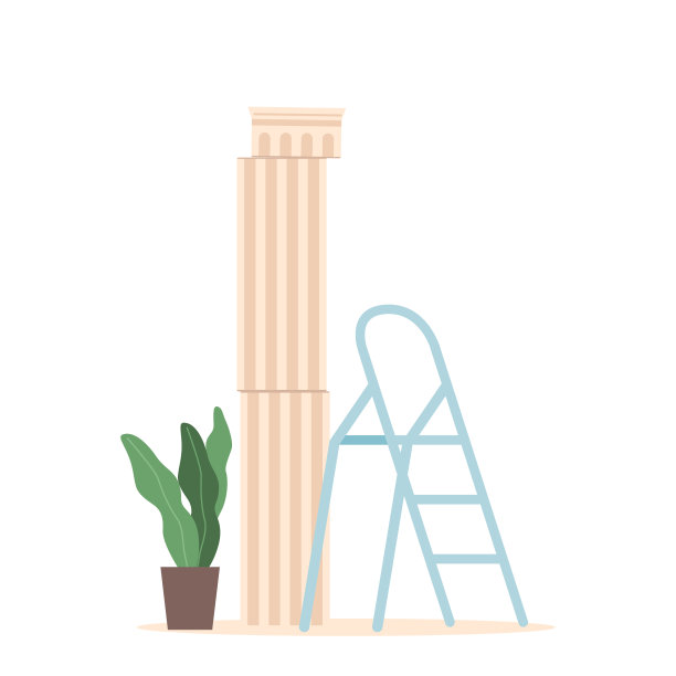 未完成的大理石柱子在工作室与梯子。石柱与粗糙的表面，和装饰雕刻，插图图片下载