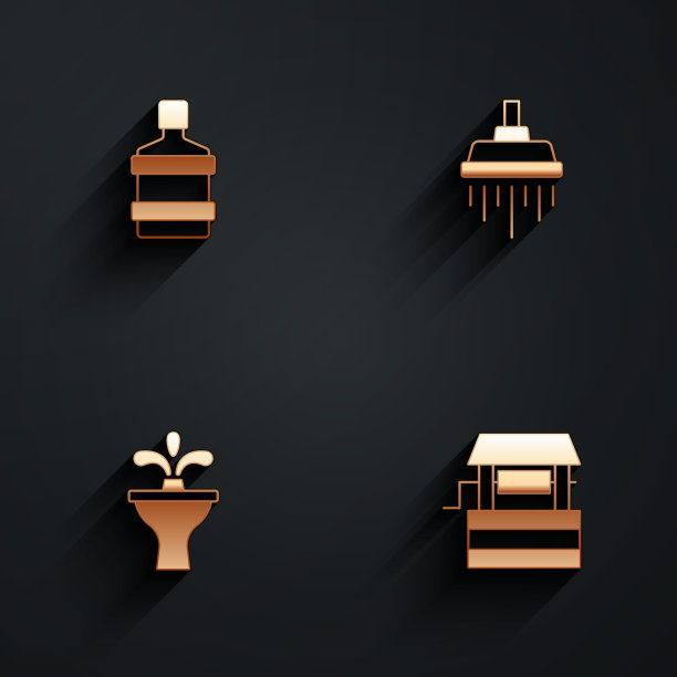 设置大瓶干净的水，淋浴，喷泉和水井图标长阴影。向量图片下载