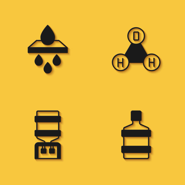 设置滤水筒，大瓶清水，冷却器和化学公式H2O图标长阴影。向量图片下载