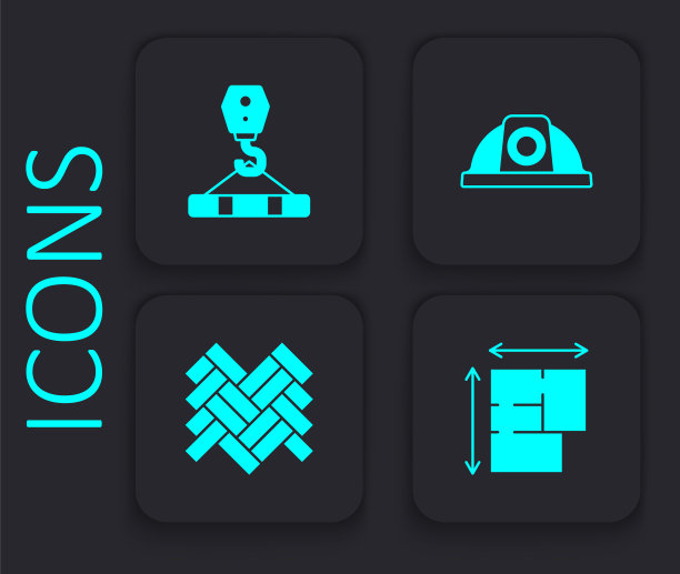 设置房屋平面图，吊车钩，工人安全帽和拼花标志。黑色方形按钮。向量图片下载