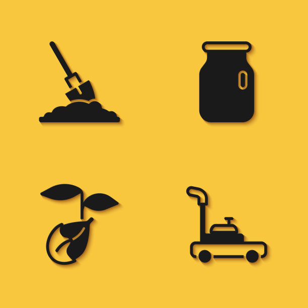 设置铲在地上，割草机，发芽和玻璃罐与长阴影螺旋盖图标。向量图片下载