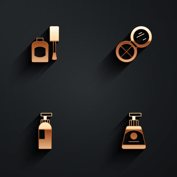 套装指甲油瓶，化妆粉与镜子，洗发水和乳霜乳液化妆管图标与长阴影。向量图片下载