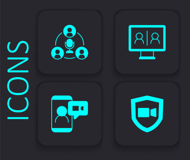 设置视频聊天会议、会议和图标。黑色方形按钮。向量图片下载