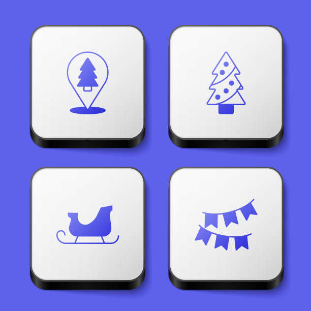 设置圣诞树，圣诞老人雪橇和嘉年华花环与旗帜的图标。白色方形按钮。向量图片下载