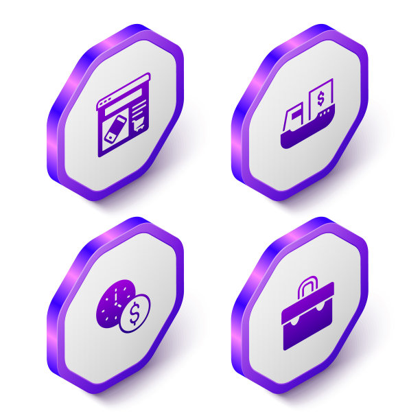 设置等距网上购物屏幕，货船与箱子交付，时间就是金钱和公文包图标。紫色六边形按钮。向量图片下载