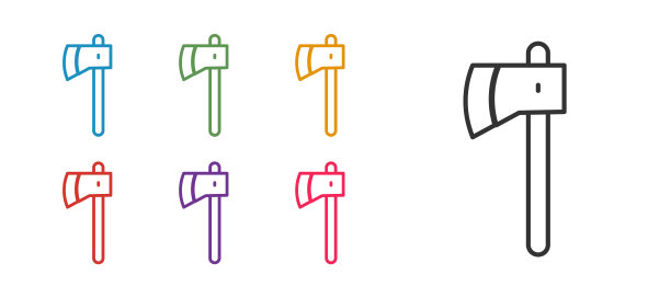 设置线木斧图标孤立在白色背景。伐木工人斧头。设置图标彩色。向量图片下载