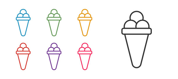 设置线冰淇淋在华夫蛋筒图标孤立的白色背景。甜蜜的象征。设置图标彩色。向量图片下载