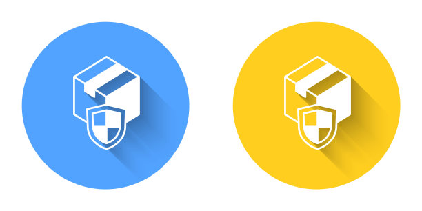 白色交付安全与盾牌图标隔离与长阴影背景。交付保险。防护罩外有保险的纸板箱。圆按钮。向量图片下载