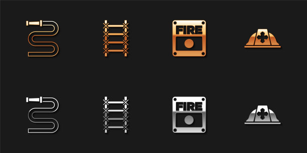 设置消防软管卷轴，逃生，报警系统和消防员头盔图标。向量图片下载