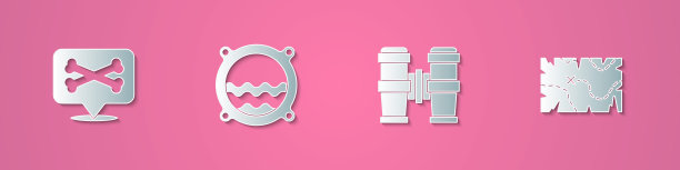 集剪纸位置海盗，船舷窗海景，双筒望远镜和海盗藏宝图图标。纸艺风格。向量图片下载