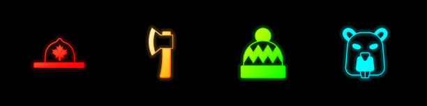 设置加拿大护林员帽，木斧，豆帽和海狸动物图标。向量图片下载