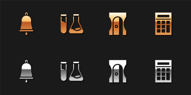 设置铃声，试管和烧瓶，卷笔刀和计算器图标。向量图片下载