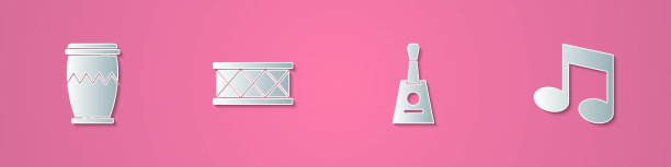 集剪纸鼓，巴拉莱卡和音乐笔记，音调图标。纸艺风格。向量图片下载