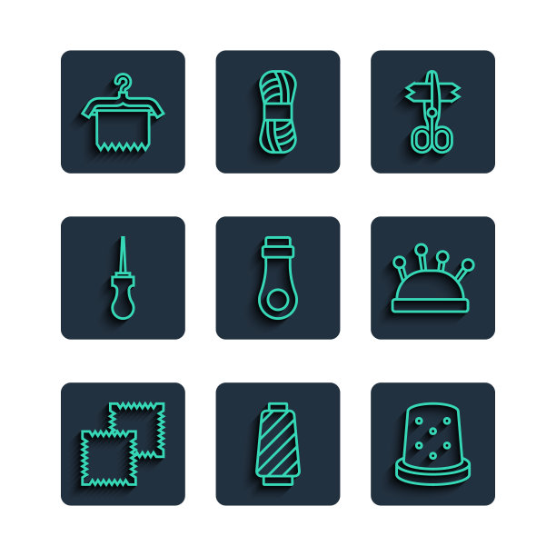 集线纺织织物卷，缝纫线线轴，缝纫顶针，剪刀，拉链，锥子工具，衣架衣柜和针床和针图标。向量图片下载