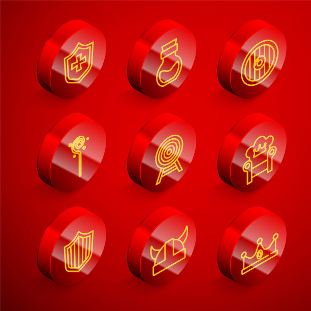 设置线盾，瓶中的毒药，圆形木盾，魔法杖，目标与箭，中世纪的宝座，和维京角盔图标。向量图片下载