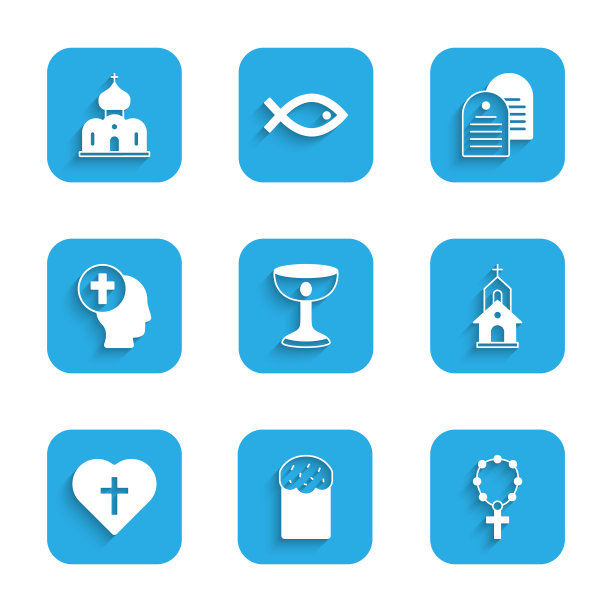 集基督教圣杯，复活节蛋糕，玫瑰念珠宗教，教堂建筑，十字心，牧师，圣经书和图标。向量图片下载