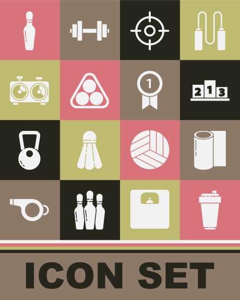 集健身摇床，席子卷，奖项超过体育冠军领奖台，目标，台球架三角形，时间国际象棋时钟，保龄球瓶和奖牌图标。向量图片下载