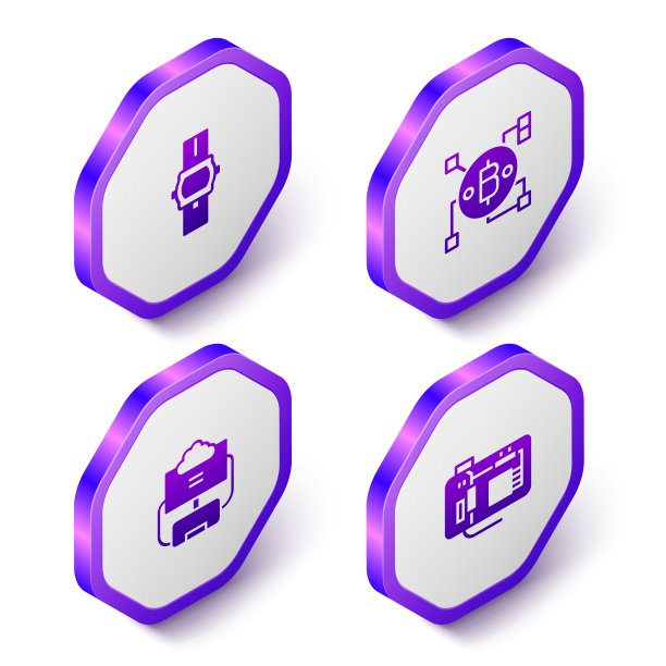 集等距腕表，区块链技术比特币，云数据库和主板图标。紫色六边形按钮。向量图片下载