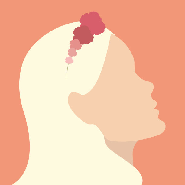 抽象的金发女人抬头看。手绘女性侧面脸轮廓与花圈在她的头发。最小的设计。矢量艺术图片下载