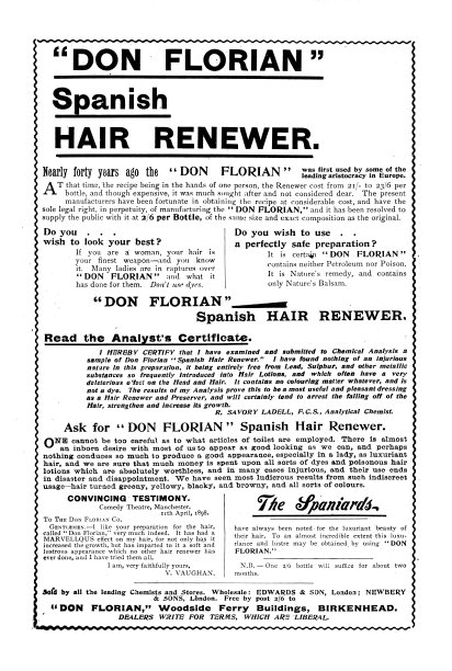 19世纪的广告，唐·弗洛里安西班牙人的头发更新器;1898年皮尔森的杂志图片下载