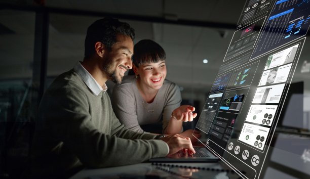 商务人士，仪表板或股市全息图交易数据，投资或全球股票。未来在金融应用程序或软件上覆盖或团队数字ui或ux，以实现夜间利润增长图片下载