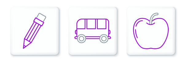 用橡皮擦和校车排成一行苹果铅笔图片下载