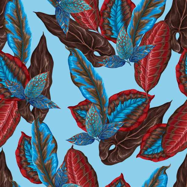 热带树叶的无缝图案。向量。图片下载