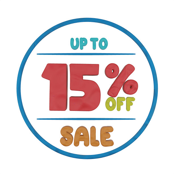 白色背景的橡皮泥，聚合物粘土，粘土泥，橡皮泥纹理标志符号高达15%的折扣横幅。图片下载