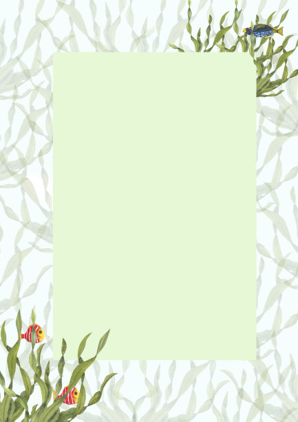 水彩垂直框架在海洋风格孤立的白色背景。插图以鱼，藻类为明信片设计，不同的邀请模板，生日贺卡，笔记本设计图片下载