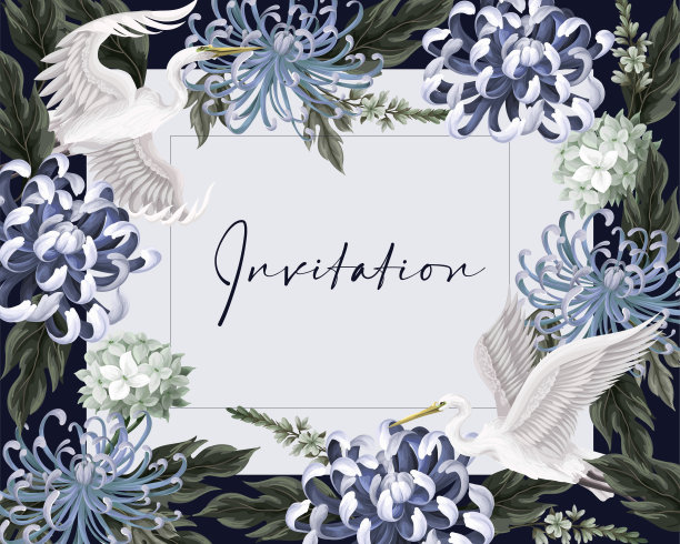 卡片上有白鹭和菊花，金菊。向量。图片下载