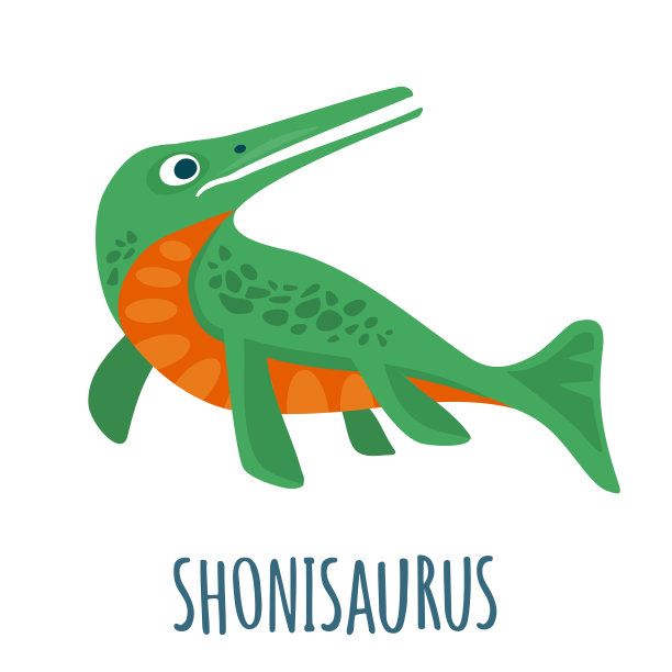 恐龙shonisaurus。矢量彩色平面插图隔离在白色。刻字的蛇颈龙。图片下载