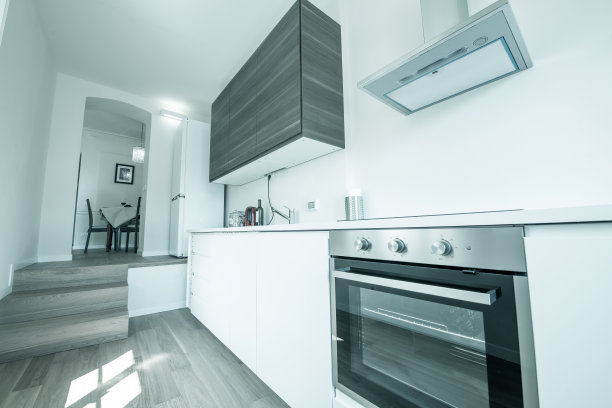 小厨房的现代，明亮和宽敞的公寓图片下载
