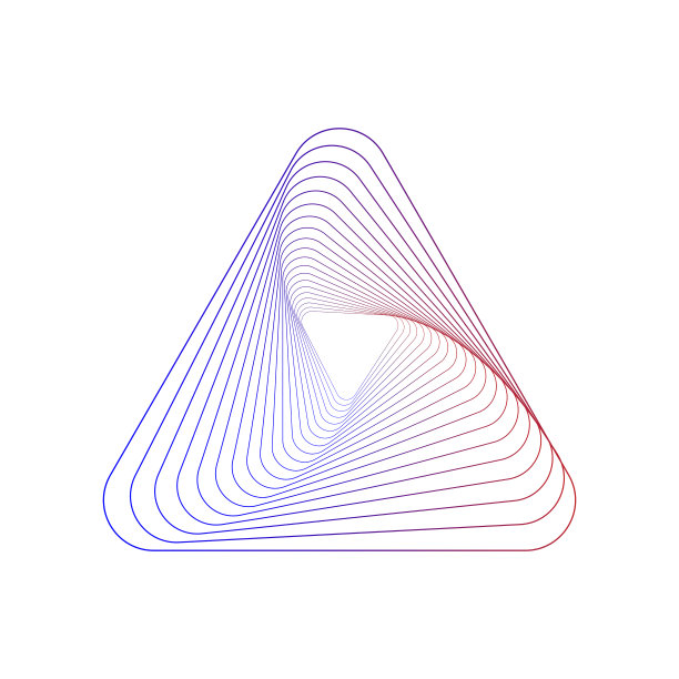 抽象的旋转符号。扭曲线框隧道。弯曲的蓝红色渐变形状。技术发光彩色三角形。图片下载