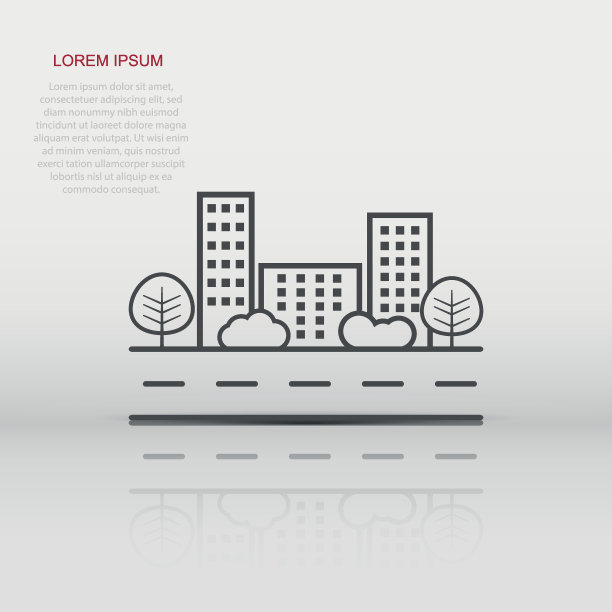 矢量城市插图在平面风格。建筑，树木和灌木在道路上的白色背景图片下载