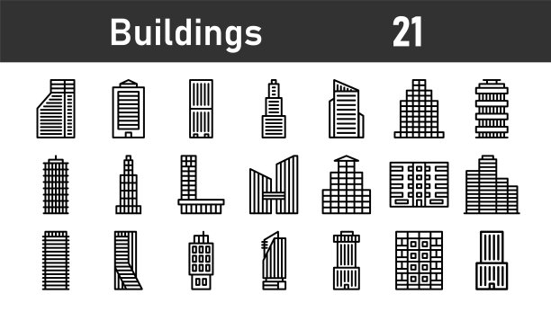 一套建筑图标，如城市。以线性风格设置建筑物。图片下载