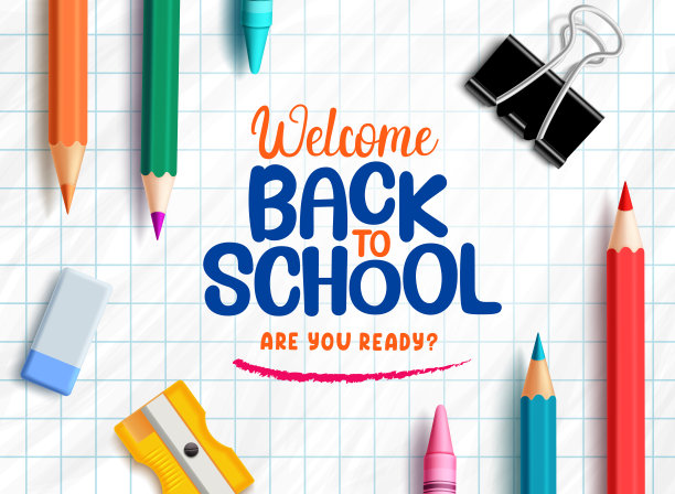学校背矢量设计。欢迎回到学校文本与彩色铅笔美术用品图片下载