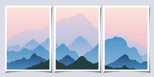 一组创意抽象的山地景观和山脉背景。极简主义海报与梯度印刷，帆布，墙壁艺术，装饰。图片下载